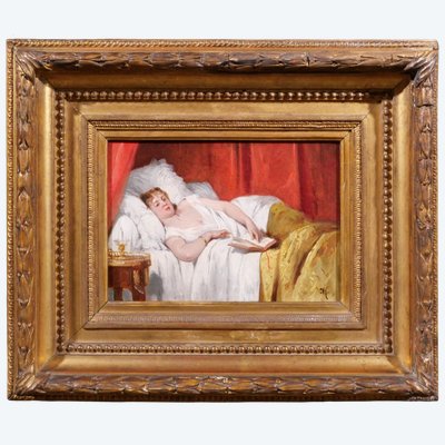 Joseph Caraud 1821-1905 Donna con un libro a letto, dipinto del 1865 Ritratto impressionista