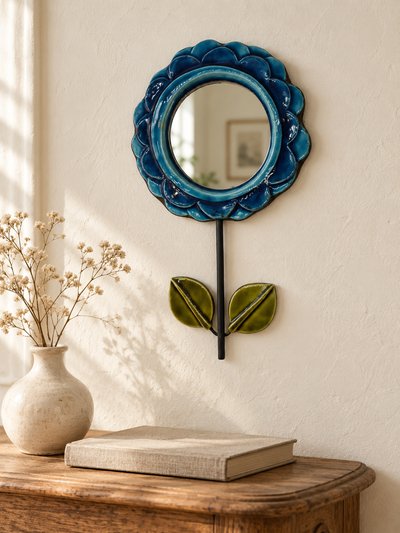 Flower mirror in blue glazed ceramic, Mithé Espelt Camellia model 1965