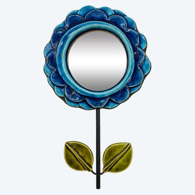 Flower mirror in blue glazed ceramic, Mithé Espelt Camellia model 1965