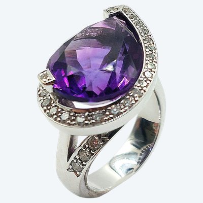 Bague améthyste poire, diamants et or blanc 18k