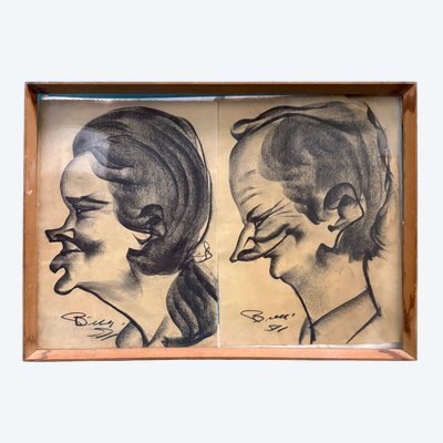 Antichi disegni uomo e donna di caricature firmati 1911, 45x33cm
