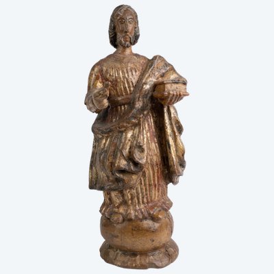 Scultura in legno dorato raffigurante un evangelista, XVII secolo 