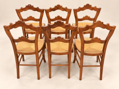 Set of 6 Louis-Philippe chairs — Carved backrests — Rush woven seats