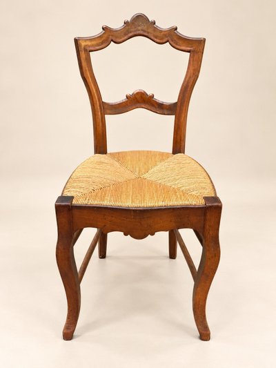 Set of 6 Louis-Philippe chairs — Carved backrests — Rush woven seats
