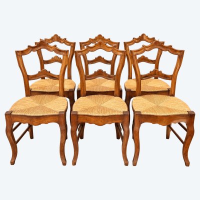 Set of 6 Louis-Philippe chairs — Carved backrests — Rush woven seats