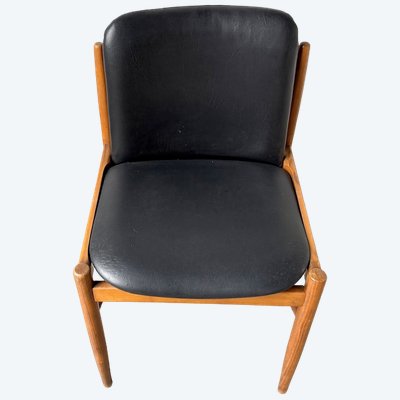 Chaise scandinave en hêtre et skaï noir, années 60