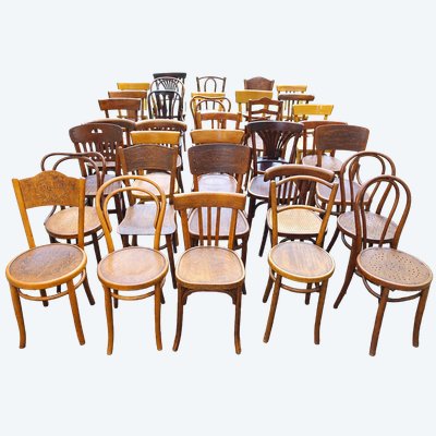 Set of 35 mismatched bistro chairs, from 1910 to 1960 