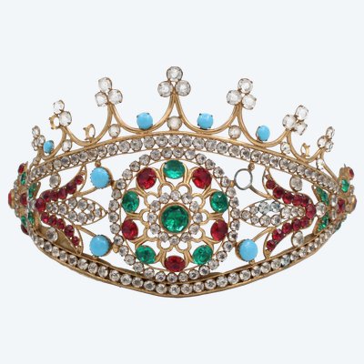 19th-century gilt brass tiara with rhinestones 