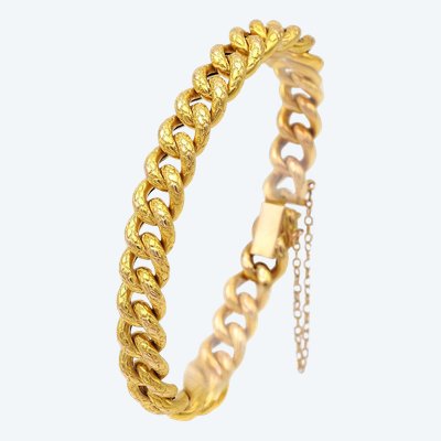 Antique 1900s French Butter Gold Curb Link Bracelet, Scale Engraved Pattern Mesh Chain Bracelet