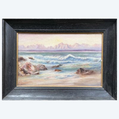 Oil on cardboard, early 20th-century English school, seascape with a mountain range in the distance