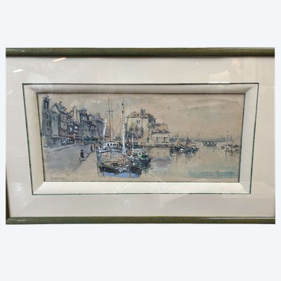 Watercolor by DENIS VERSPECHT (1919–1996) depicting a view of the port of Honfleur 