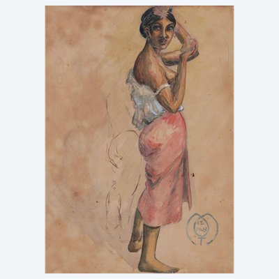 Octave MORILLOT, Femme de Tahiti, aquarelle (voyage, Paul Gauguin)
