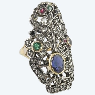 Bague Style Art Nouveau Florale, Saphir, Diamants et Pierres de Couleur sur Or Jaune et Argent