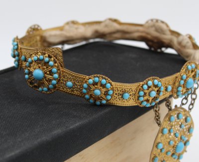 19th-century crown made of gilded brass and turquoise-blue opaline pearls 