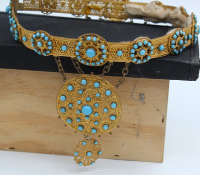 19th-century crown made of gilded brass and turquoise-blue opaline pearls 