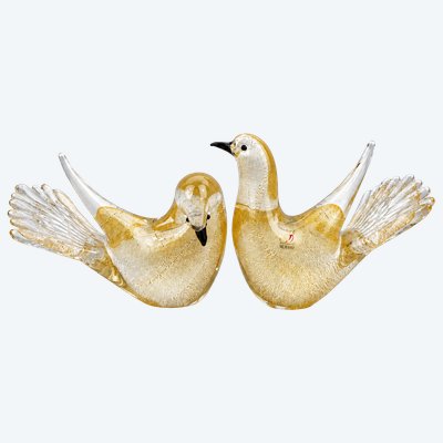 Ein Paar Tauben aus Murano-Glas mit Blattgoldverzierung, signiert von Formia