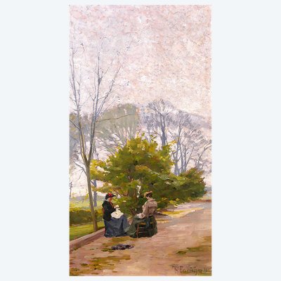 François FORICHON 1865–1952 *Women in the Garden*, painting, 1906, Impressionism, fashion, landscape