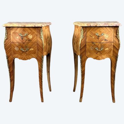 Pair of Louis XV-style nightstands in marquetry and marble, 20th century