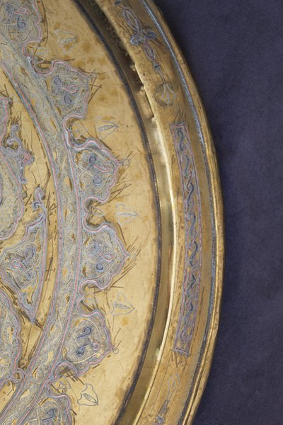 Large Syrian Brass Tray Inlaid with Silver and Copper, 19th Century 