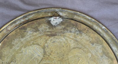 Large Syrian Brass Tray Inlaid with Silver and Copper, 19th Century 