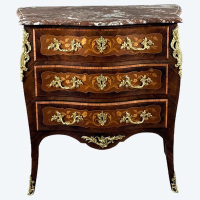 Louis XV-style chest of drawers in marquetry, gilded bronze, and marble, 19th century