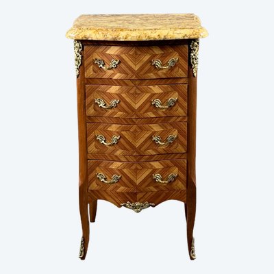 Small Louis XV-style chest of drawers with marquetry and a marble top, 19th century