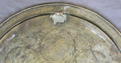 Large Syrian Brass Tray Inlaid with Copper and Silver, 19th Century 