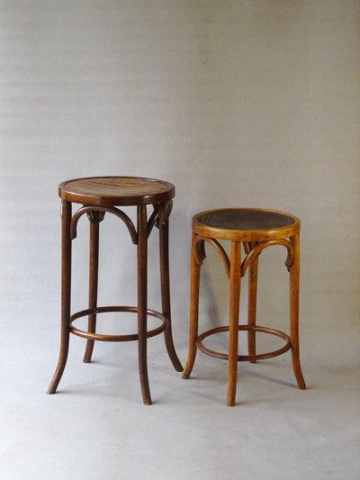 Two BAUMANN stools, wooden seats, bar stools, circa 1930
