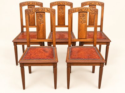 5 Art Deco Walnut Chairs with Sculpted Back, Studded Leather Seat – 1920s