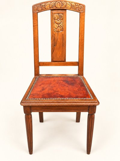 5 Art Deco Walnut Chairs with Sculpted Back, Studded Leather Seat – 1920s