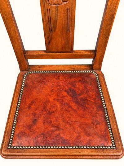 5 Art Deco Walnut Chairs with Sculpted Back, Studded Leather Seat – 1920s