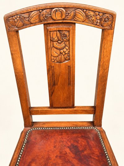 5 Art Deco Walnut Chairs with Sculpted Back, Studded Leather Seat – 1920s