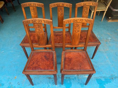 5 Art Deco Walnut Chairs with Sculpted Back, Studded Leather Seat – 1920s