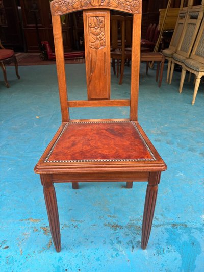5 Art Deco Walnut Chairs with Sculpted Back, Studded Leather Seat – 1920s