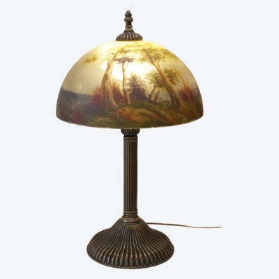 Große Tischlampe mit bemaltem Glaslampenschirm im Handel- oder Jefferson-Stil, um 1970