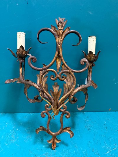Antique 20th-century wrought-iron wall sconce with two lights, 41x35 cm