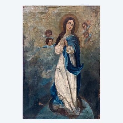 Antique oil on canvas depicting the Immaculate Virgin with cherubs, 18th century, 74x56 cm