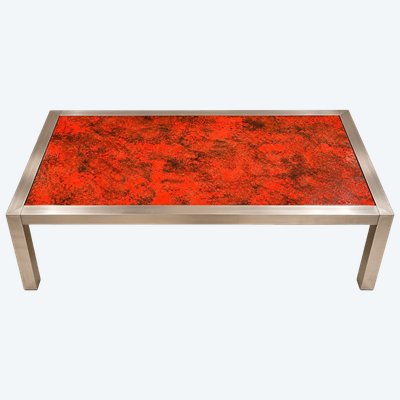 Couchtisch Design 1970er – Emaillierte Vulkanstein & Edelstahl