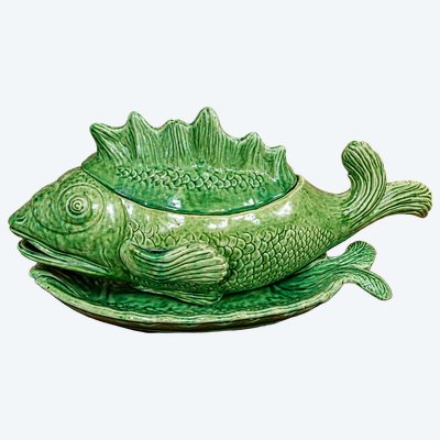 Large fish-shaped soup tureen in green slip – Vallauris – 20th century