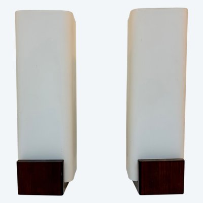 PAIR OF OPALINE AND TEAK WALL SCONCES BY LOUIS KALFF, CIRCA 1960.