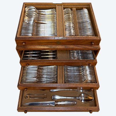 Cutlery Set 132 Pieces Christofle Ribbons Model – Silver Plated Metal – Oak Case