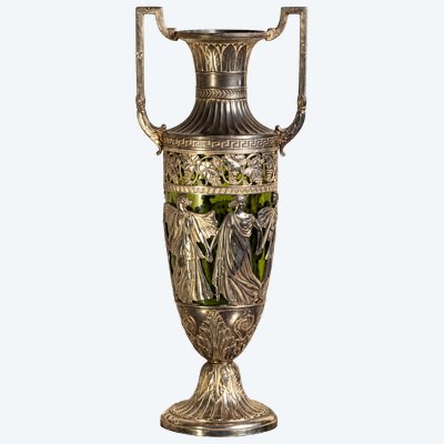 ART NOUVEAU AMPHORA VASE IN SILVER-PLATED METAL AND GREEN GLASS – IN THE STYLE OF WMF