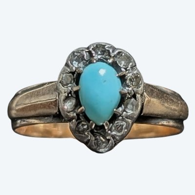 Bague antique en or 18k & argent avec diamants et cabochons de turquoise 18k CIRCA 1850