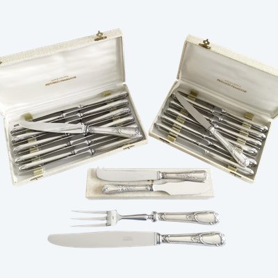 François Frionnet, set di coltelli da cucina da 28 pezzi in metallo argentato, modello Luigi XV