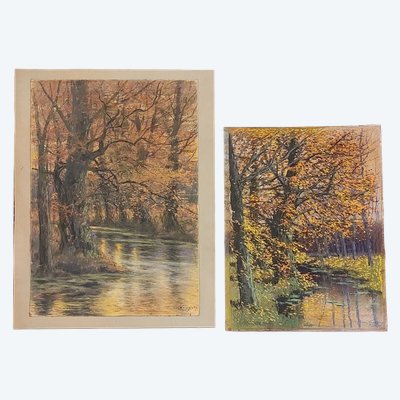 Yvan Kowalsky – (1839–1937) – Herbstlandschaften – 2 Pastellbilder – 1907