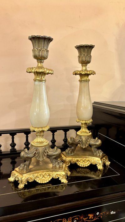 Pair of Agate and Gilt-Bronze Candlesticks, 19th Century