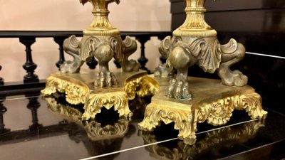 Pair of Agate and Gilt-Bronze Candlesticks, 19th Century