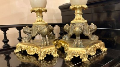 Pair of Agate and Gilt-Bronze Candlesticks, 19th Century