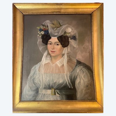 Early 19th-century French School, oil on canvas depicting a woman from high society.