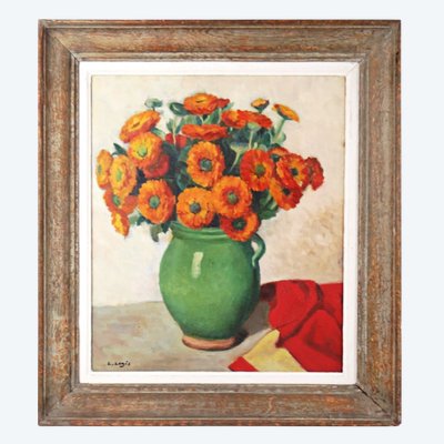 Nature morte d'un bouquet de œillets oranges huile sur toile signée R.Régis milieu XXe